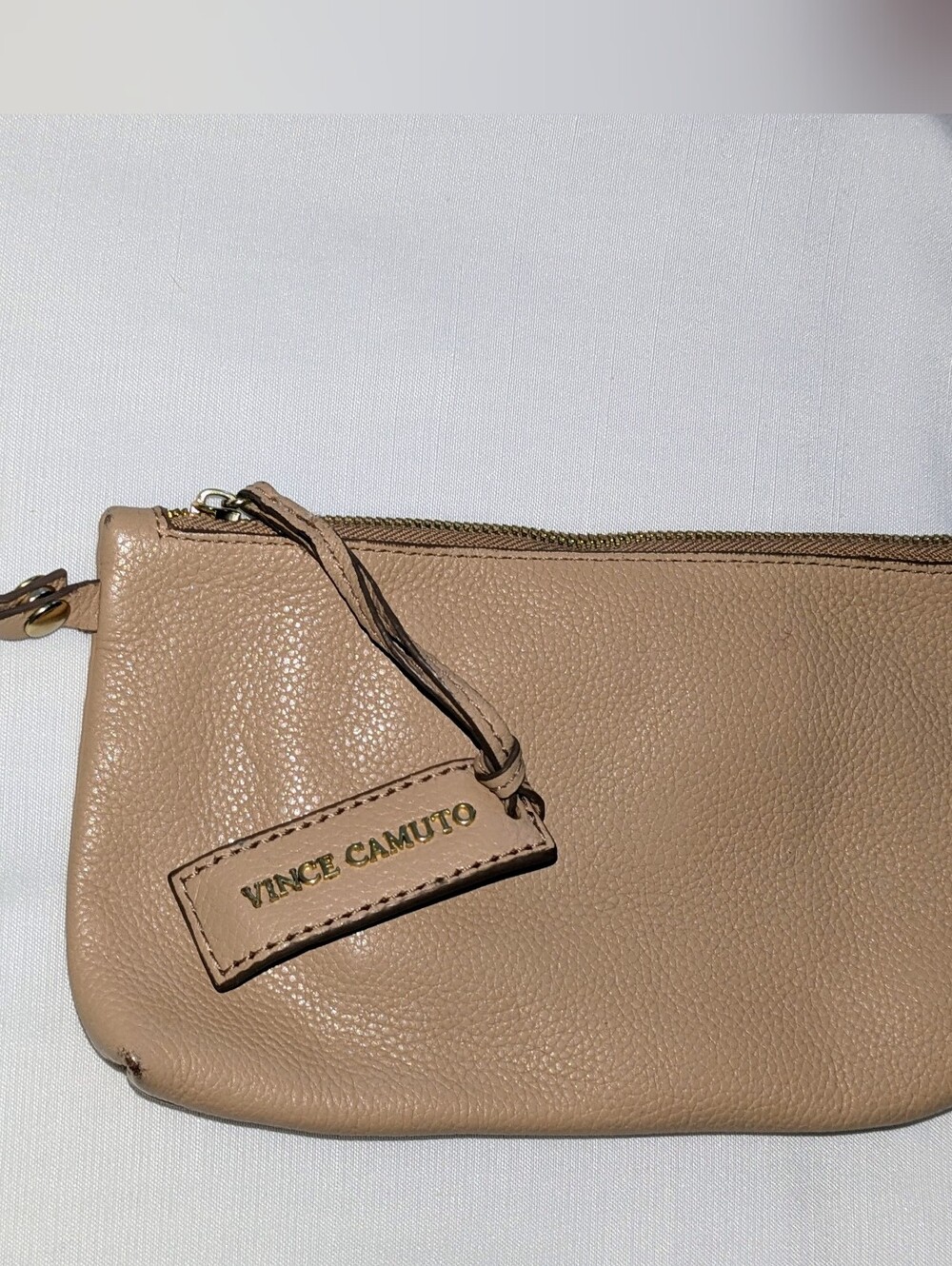 Vince Camuto Tan Pebbled Leather Wristlet with Gold Hardware